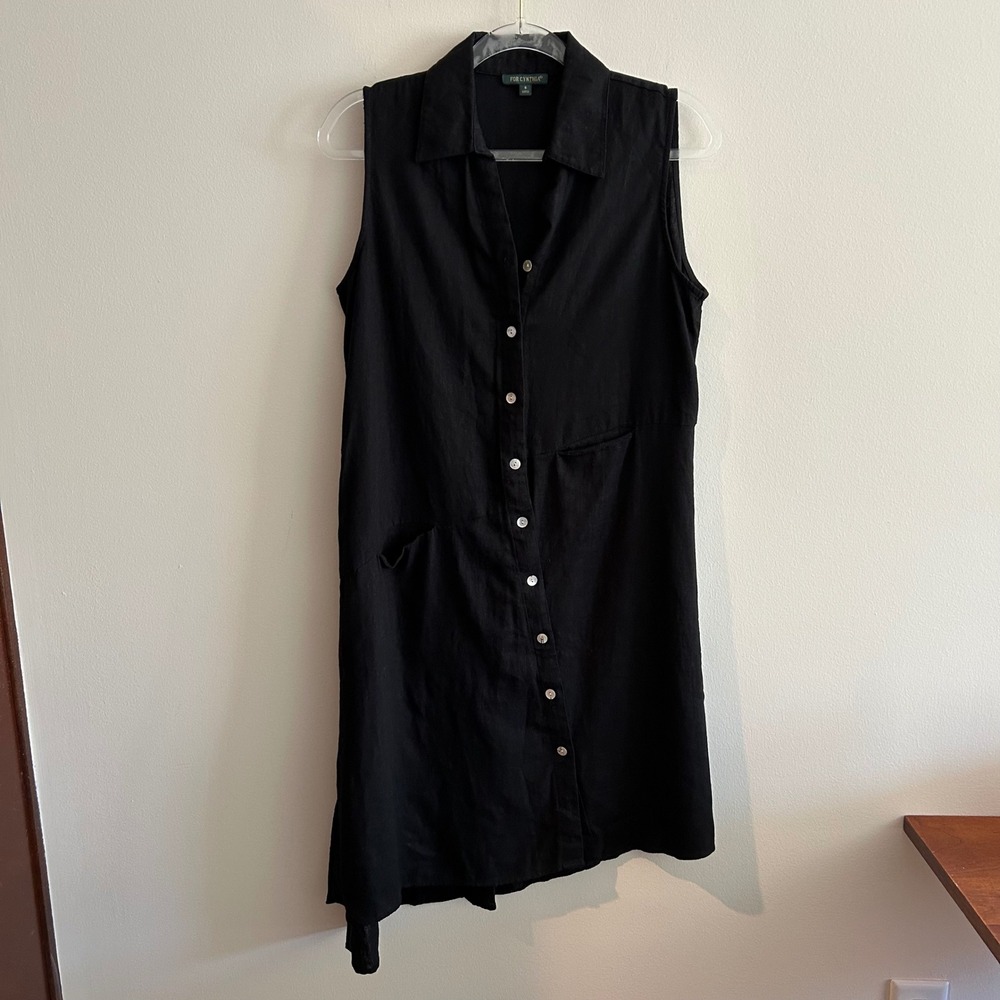 For Cynthia Shirt Dress Black Small Linen Blend Sleeveless Asymmetrical Hem
